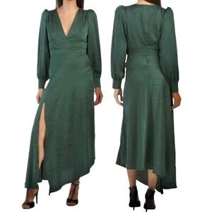 RONNY KOBO Estelle Long Sleeve V Neck Asymmetrical Midi Dress Medium Green